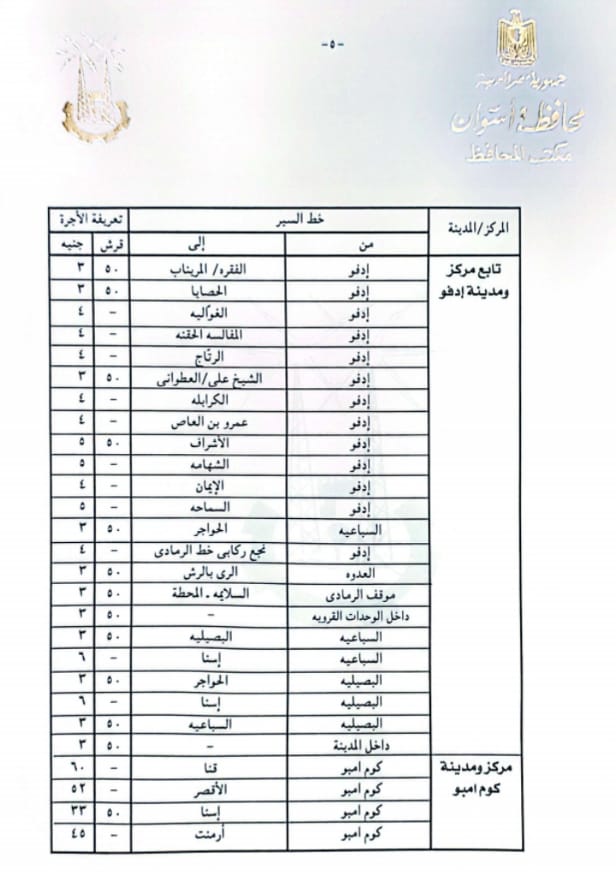 تعريفة الأجرة الجديدة للمواصلات الداخلية والخارجية بأسوان (5)