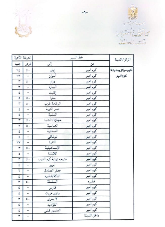 تعريفة الأجرة الجديدة للمواصلات الداخلية والخارجية بأسوان (4)