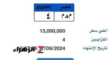 المنافسة بالمزاد على لوحة “م هـ م – 4” ترفع سعرها لـ 13 مليون جنيه فى 6 ساعات