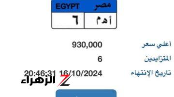 سعر لوحة “أ هـ م- 6” المميزة يقترب من المليون جنيه و6 أشخاص يتنافسون