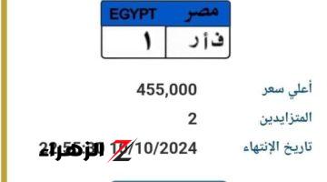 قيمتها تقارب نصف مليون جنيه.. طرح لوحة سيارة جديدة مميزة رقمها “ف أ ر- 1” بالمزاد