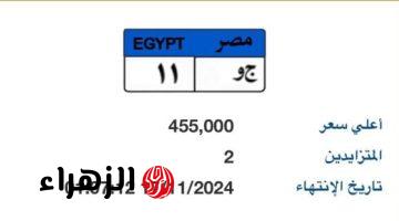 طرح لوحة مميزة بأرقام “ج و – 11” بسعر يقترب من نصف مليون جنيه