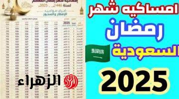 إمساكية شهر رمضان 2025 في السعودية ومواقيت الصلاة والصيام والافطار طول الشهر