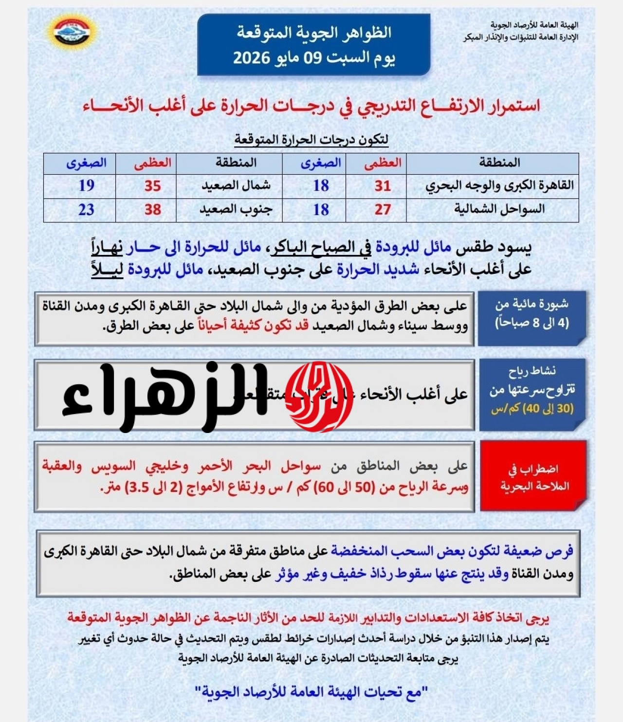بيان عاجل من الأرصاد الجوية حول طقس اليوم السبت.. الحرارة تصل لـ 38 درجة 6 689490082 1405940901564473 11110
