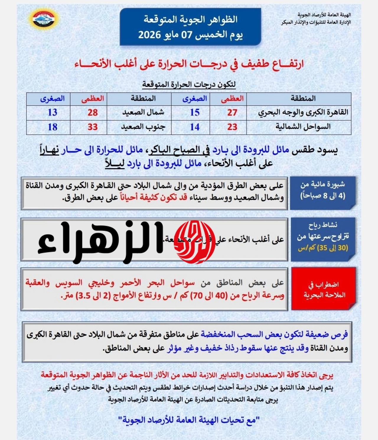 الأرصاد تعلن طقس اليوم الخميس 7 مايو.. ارتفاع طفيف بالحرارة وتحذير من اضطراب الملاحة 6 691600034 1404340821724481 12944