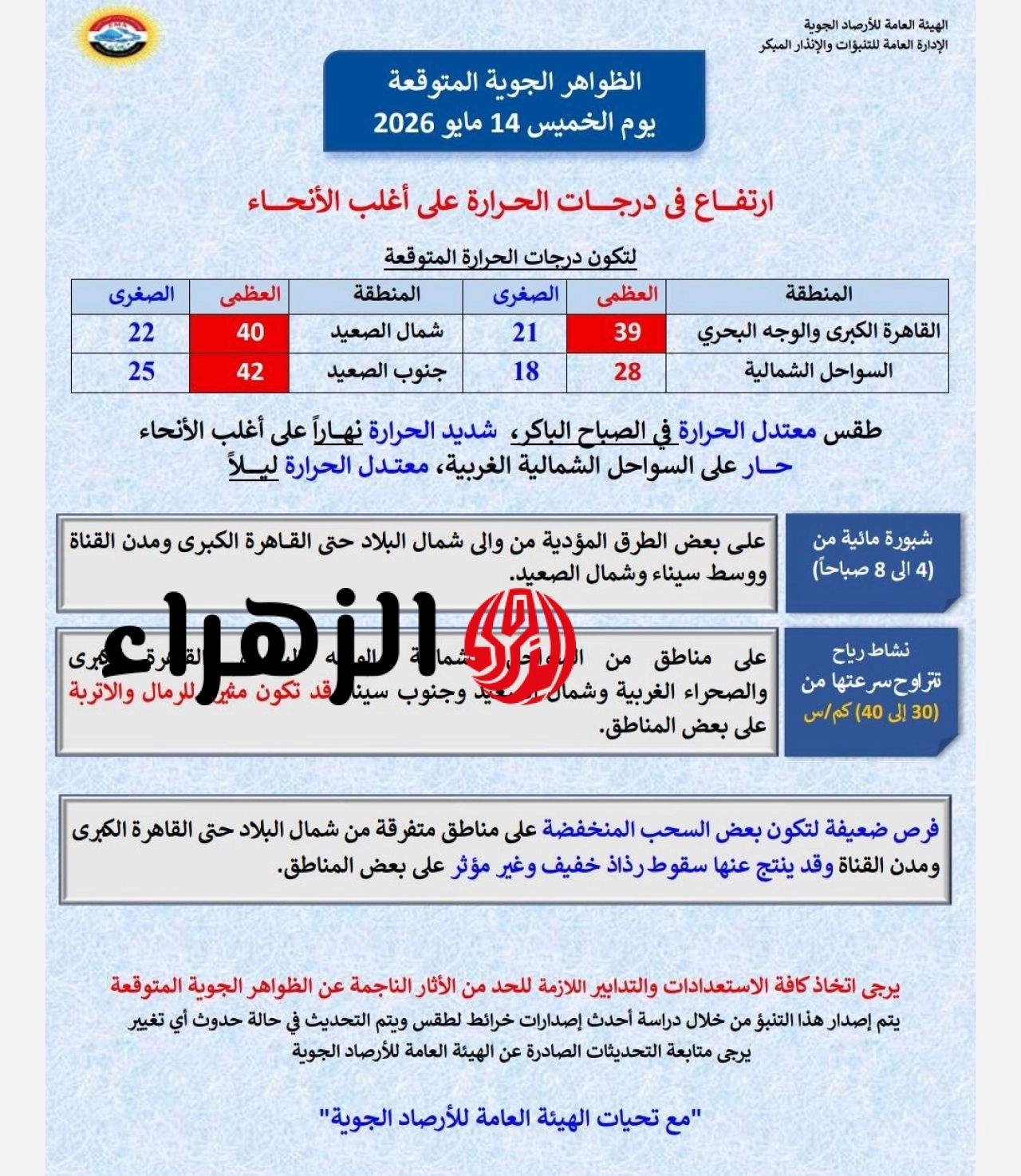 عظمى القاهرة 39.. «الأرصاد» تُحذّر المواطنين من حالة الطقس الخميس 14 مايو 2026 6 697141100 1410316224460274 4693138091387367725 n