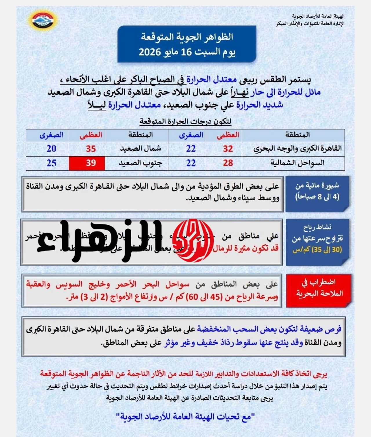 الأرصاد تعلن حالة الطقس اليوم السبت .. طقس حار نهاراً وتحذيرات من اضطراب الملاحة 6 697793067 1412030414288855 88577