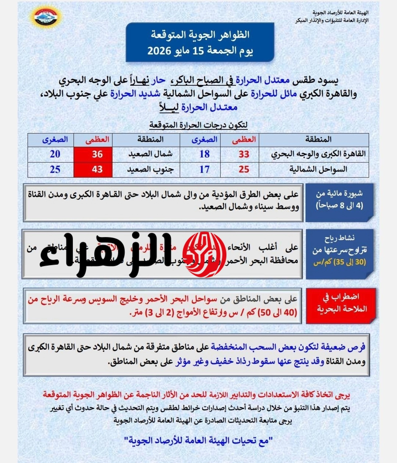 حالة الطقس اليوم الجمعة 15 مايو.. أجواء حارة نهاراً وتحذيرات من اضطراب الملاحة البحرية ونشاط الرياح 6 699158471 1411155534376343 30558