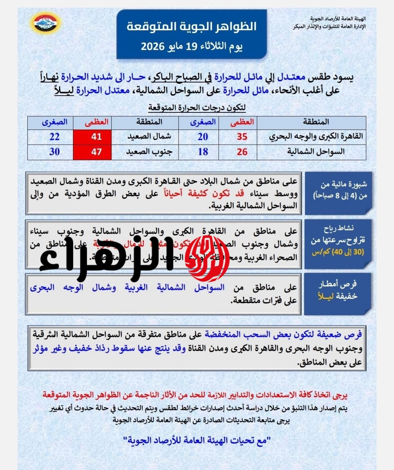انكسار الموجة الحارة.. الأرصاد تعلن تفاصيل طقس الثلاثاء 19 مايو وتُحذر من الشبورة 6 703204548 1414755027349727 34270