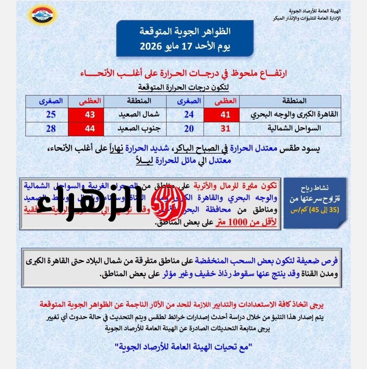 تصل لـ 45 درجة.. الأرصاد تكشف تفاصيل موجة حارة جديدة (بيان بالتوقعات) 6 يوم الأحد