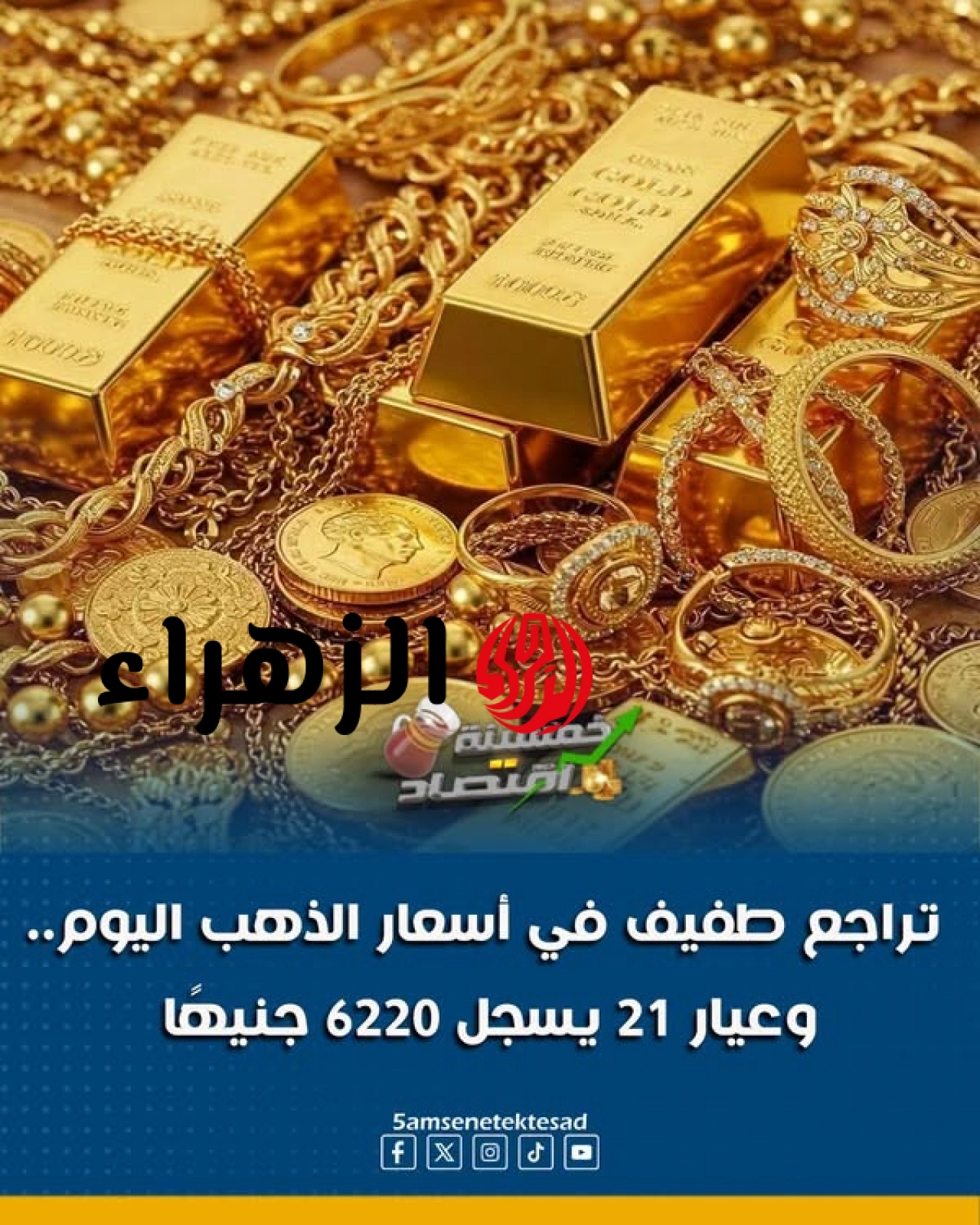 خمسينة اقتصاد – تراجع طفيف في أسعار الذهب اليوم.. وعيار 21… | الزهراء
