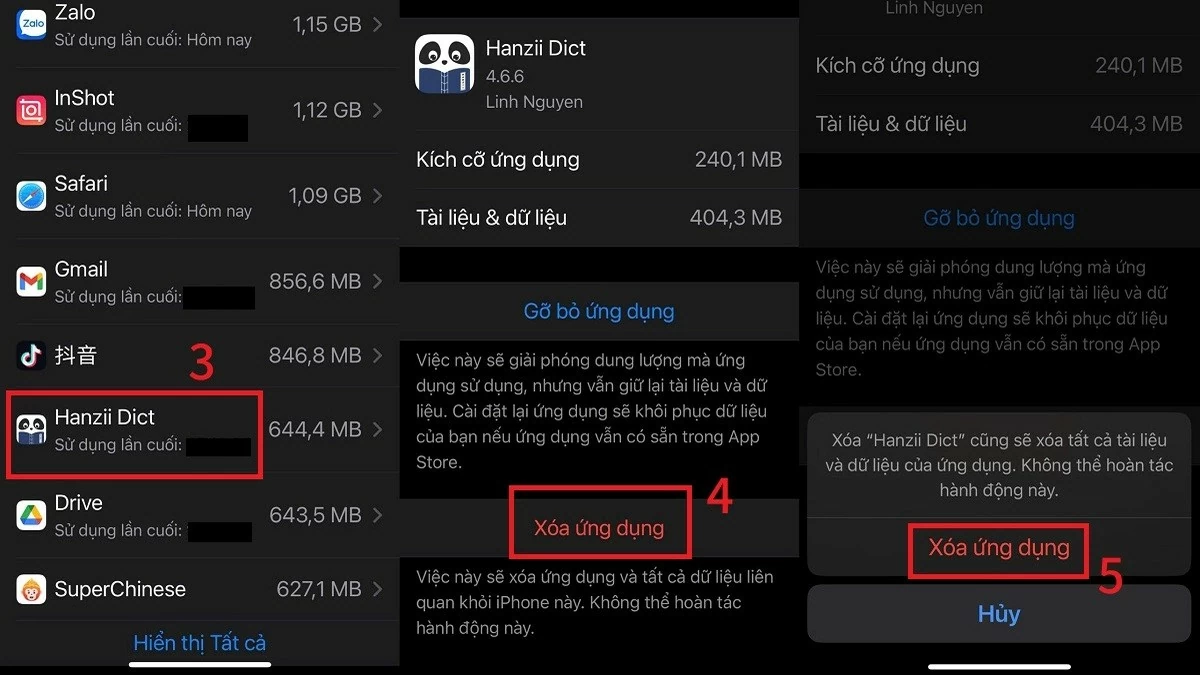 انقر على Nhấn Xóa ứng dụng và xác nhận để giải phóng không gian lưu trữ..