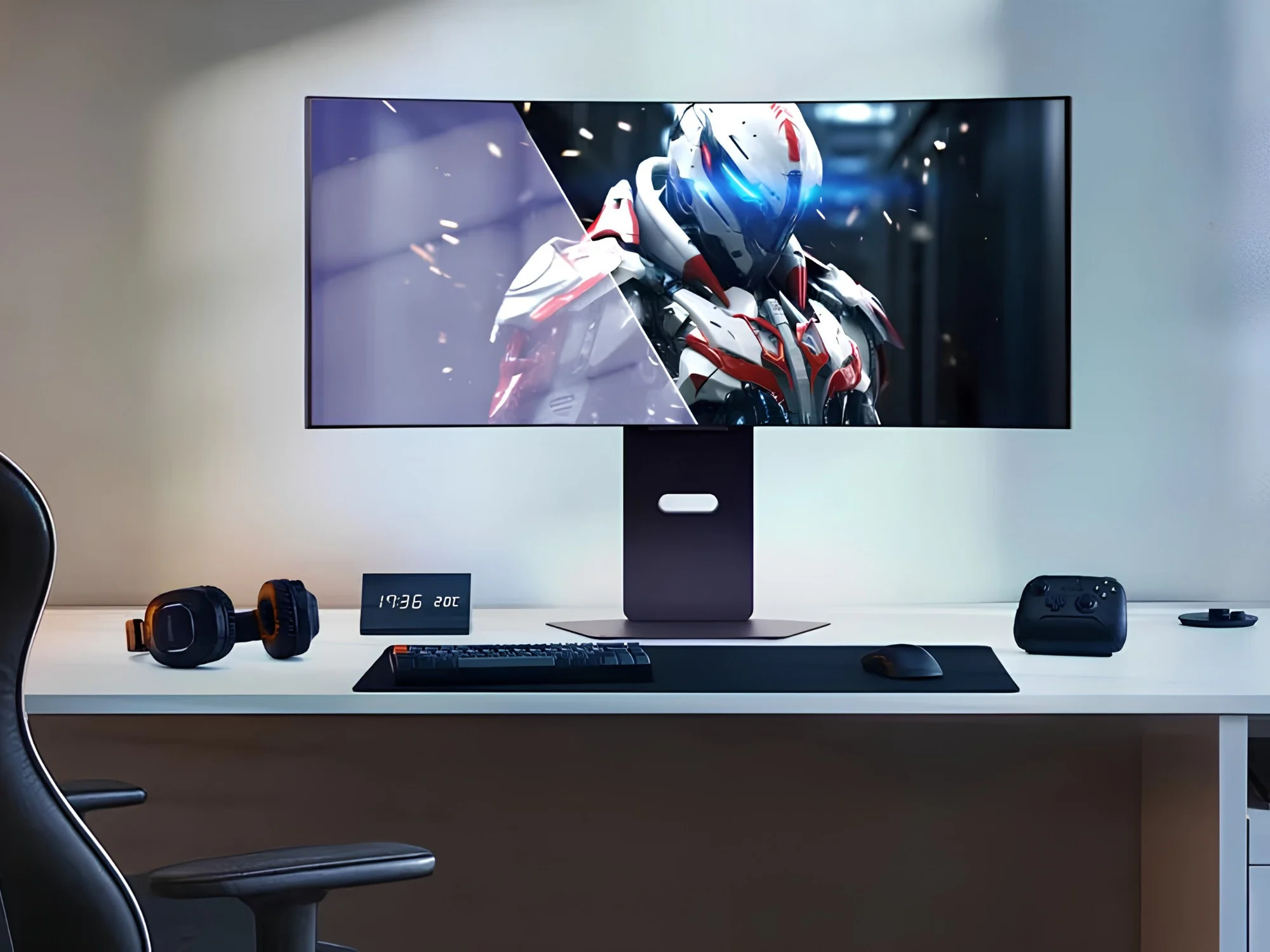 شاشة LG UltraGear 34GX900A OLED بتردد 240 هرتز تنخفض بمقدار 500 دولار: هل تستحق الاستثمار؟ 6 شاشة ألعاب OLED منحنية من إل جي مقاس 34 بوصة موضوعة على المكتب.