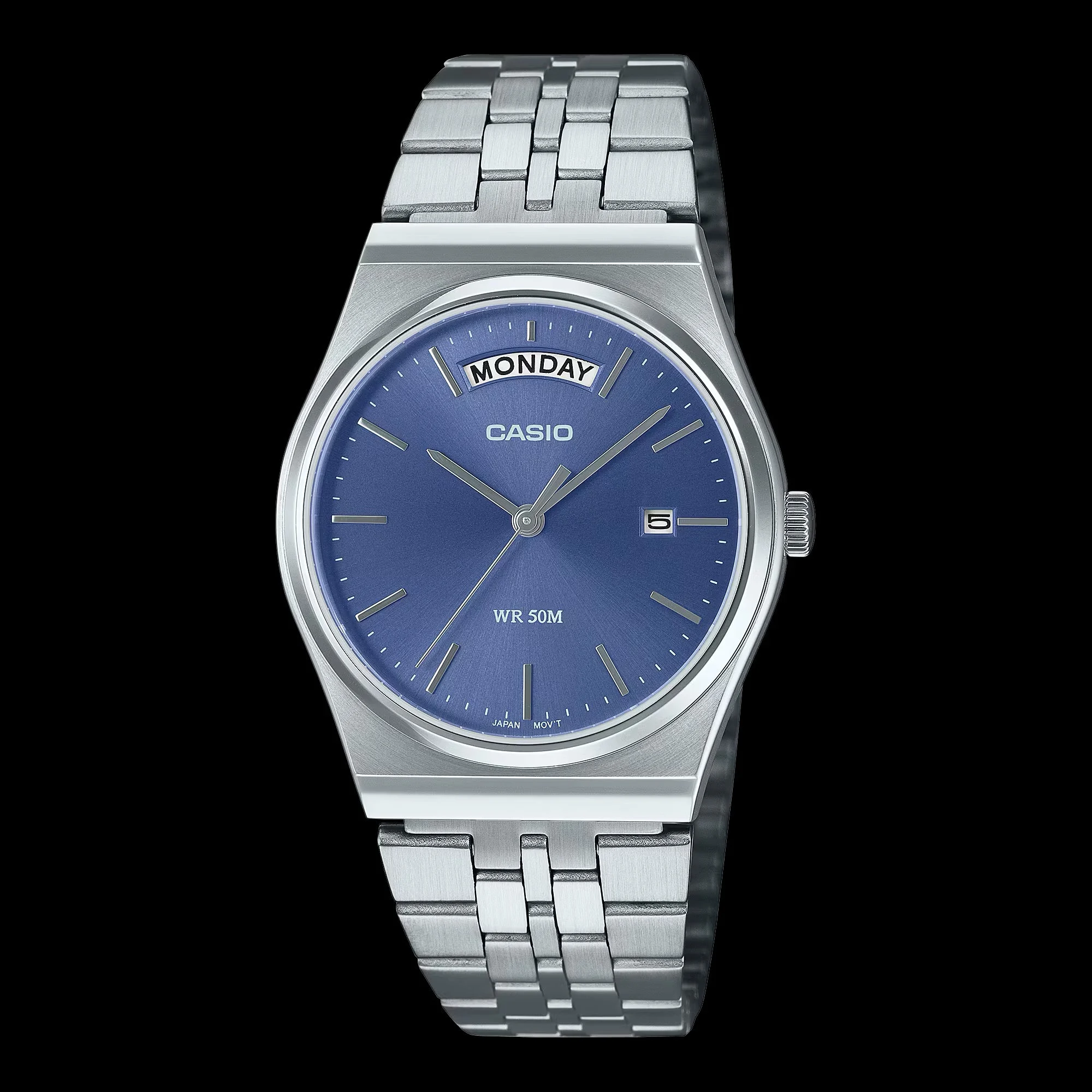 وصل جهاز Casio MTP-B146 رسميًا إلى الولايات المتحدة: تصميم كلاسيكي فريد مع عرض ليوم الأسبوع عند موضع الساعة 12. 7 تتميز ساعة Casio MTP-B146D-2AV بقرص أزرق فاتح، يعرض يوم الأسبوع عند موضع الساعة 12 والتاريخ عند موضع الساعة 3.