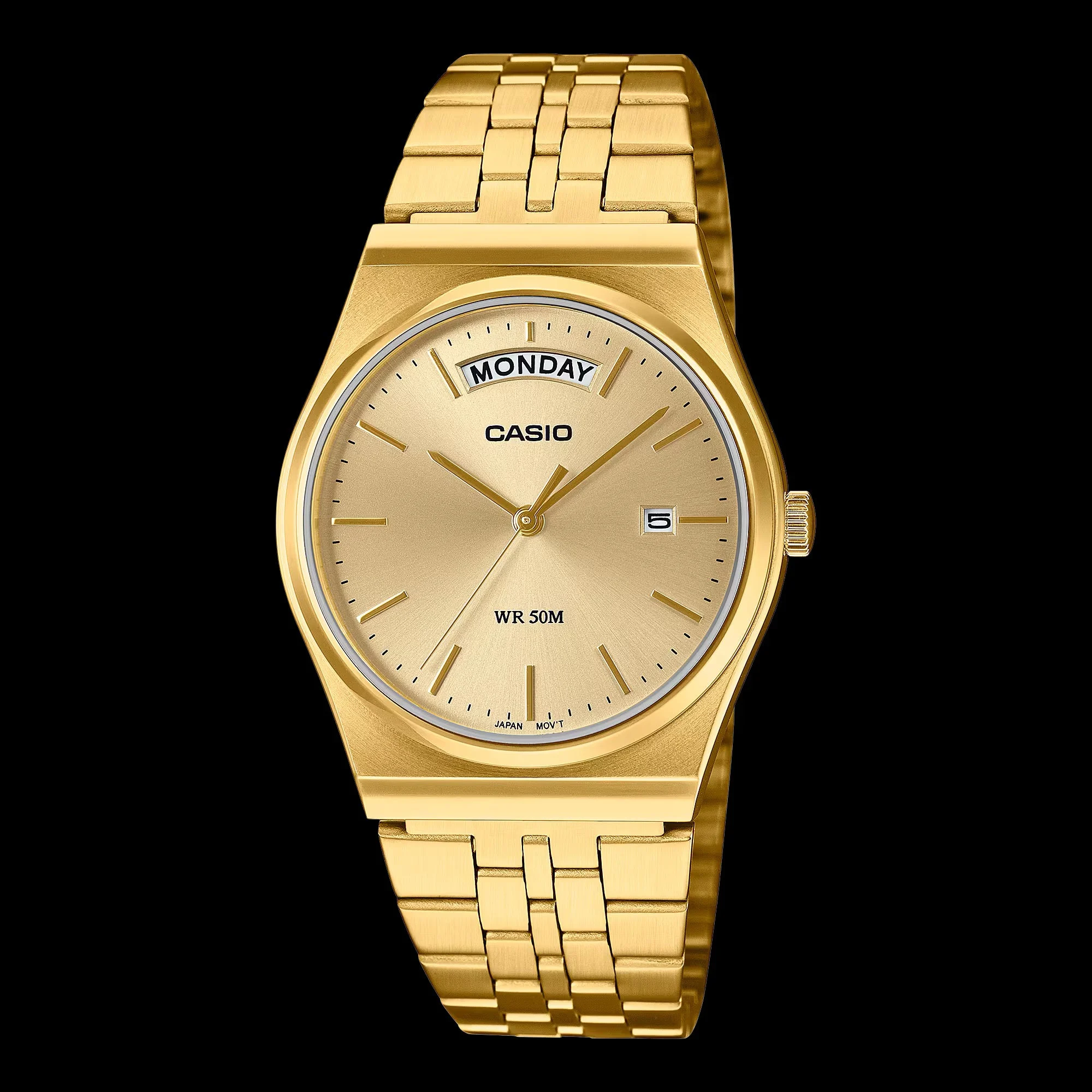 وصل جهاز Casio MTP-B146 رسميًا إلى السوق الأمريكية: عودة أسلوب الثمانينيات الكلاسيكي. 8 ساعة كاسيو MTP-B146G-3AV، مطلية بالذهب مع مينا أخضر.