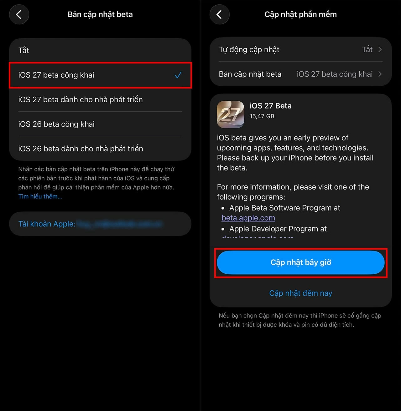 انقر على تحديث بيتا، ثم حدد الإصدار التجريبي العام لنظام التشغيل iOS 27. Nhấn vào Bản cập nhật Beta, chọn iOS 27 Public Beta
