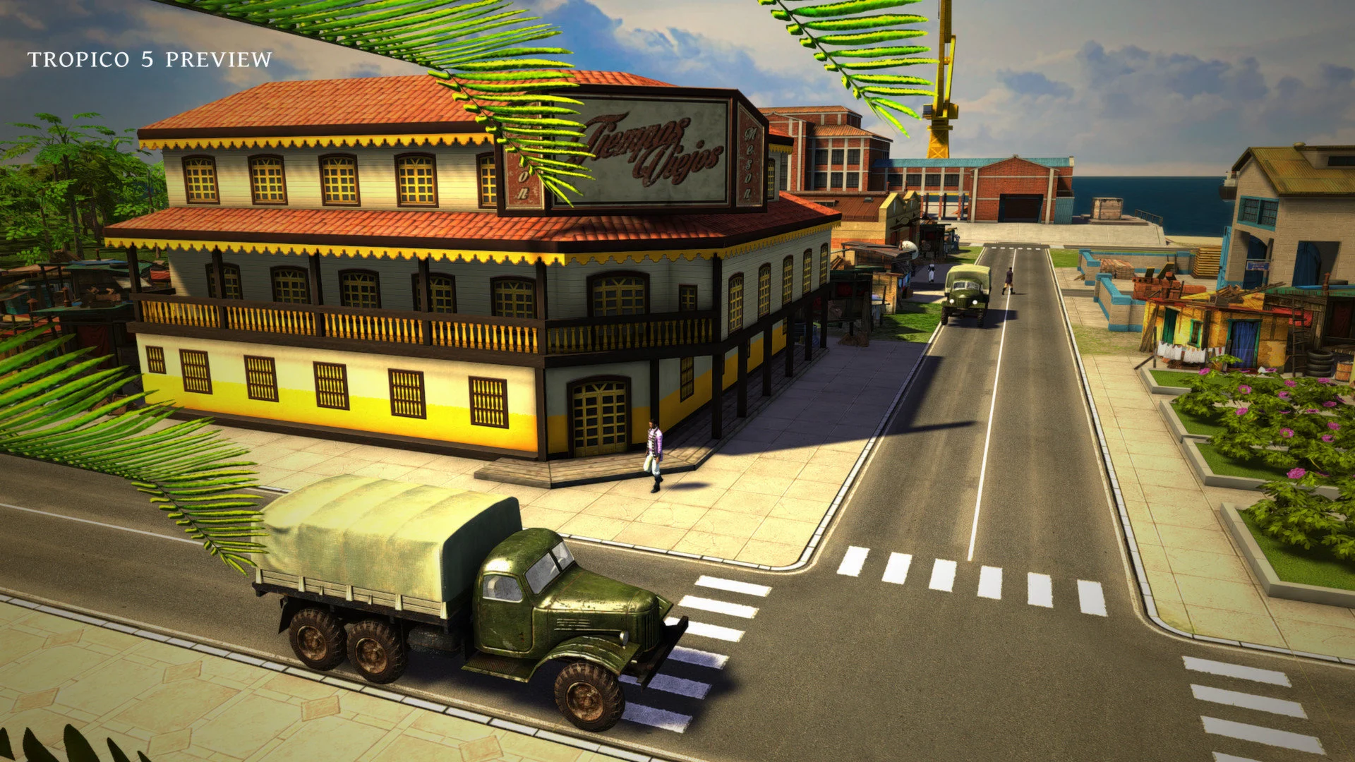 لعبة Tropico 5، وهي لعبة بناء مدن، متوفرة بخصم 60% على منصة Steam: فرصة لتجربة إمبراطورية الرئيس. 6 صور تفصيلية لمبنى ومركبات في شارع تروبيكو 5.