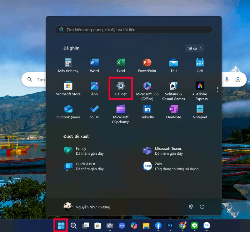 انقر على زر ويندوز في شريط المهام وافتح الإعدادات. Nhấn vào nút Windows trên thanh tác vụ và mở Cài đặt (Settings).