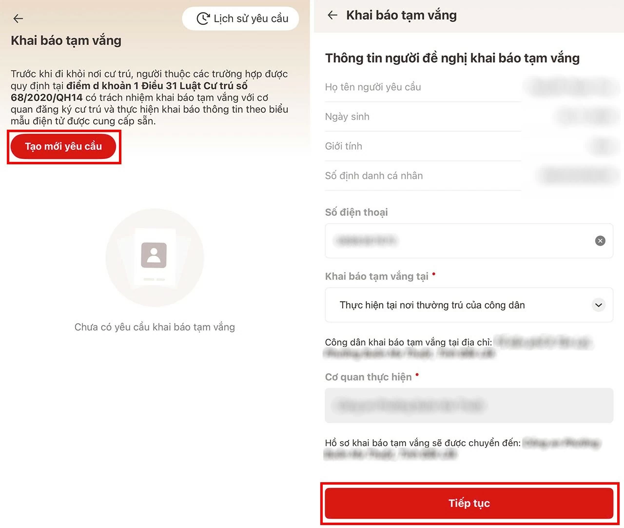 اختر Chọn Tạo mới yêu cầu.