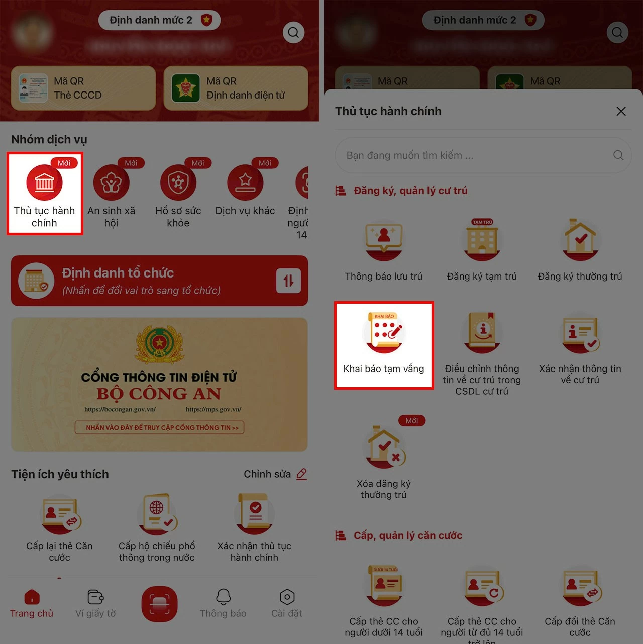 قم بتسجيل الدخول إلى حسابك ثم حدد الإجراءات الإدارية. Đăng nhập tài khoản rồi chọn Thủ tục hành chính.
