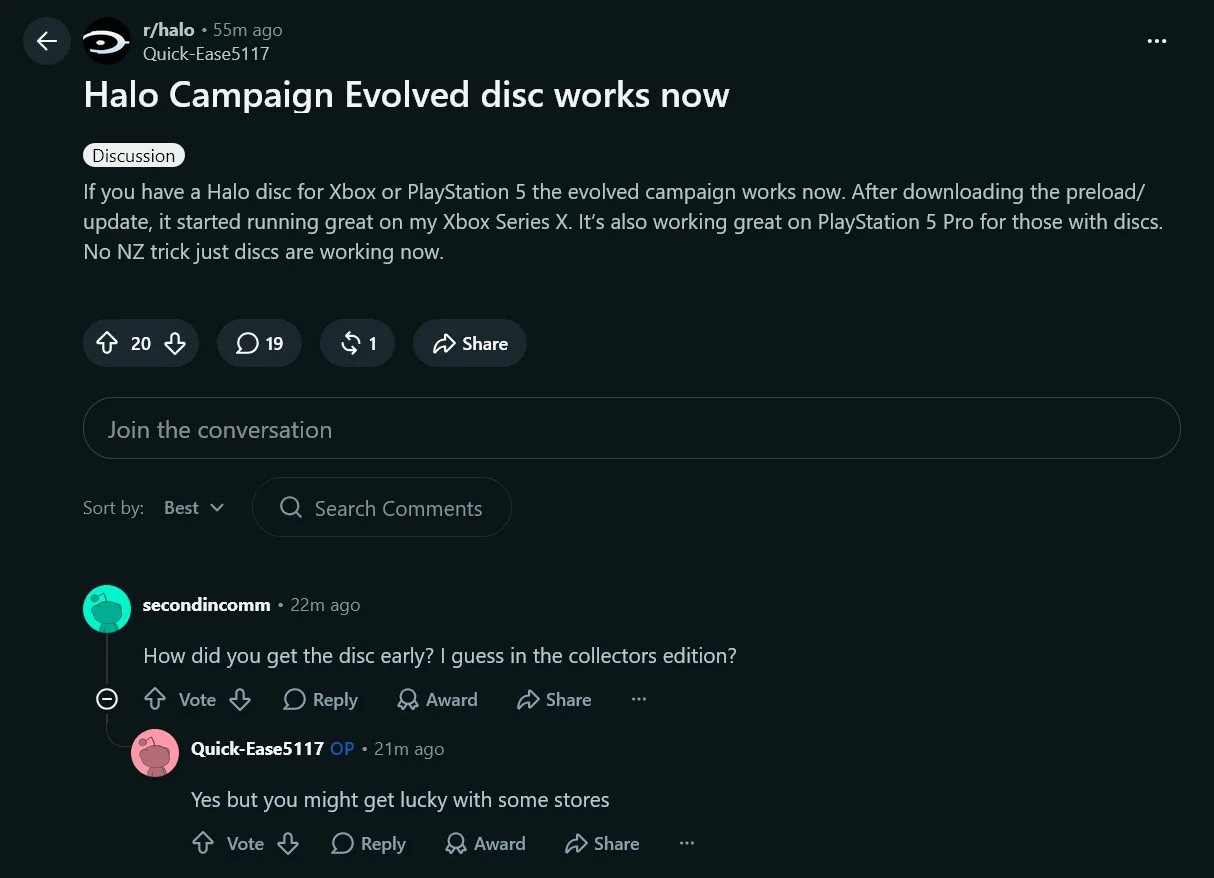 تعليق على موقع Reddit حول ما إذا كان قرص Halo: Campaign Evolved قابلاً للتشغيل.