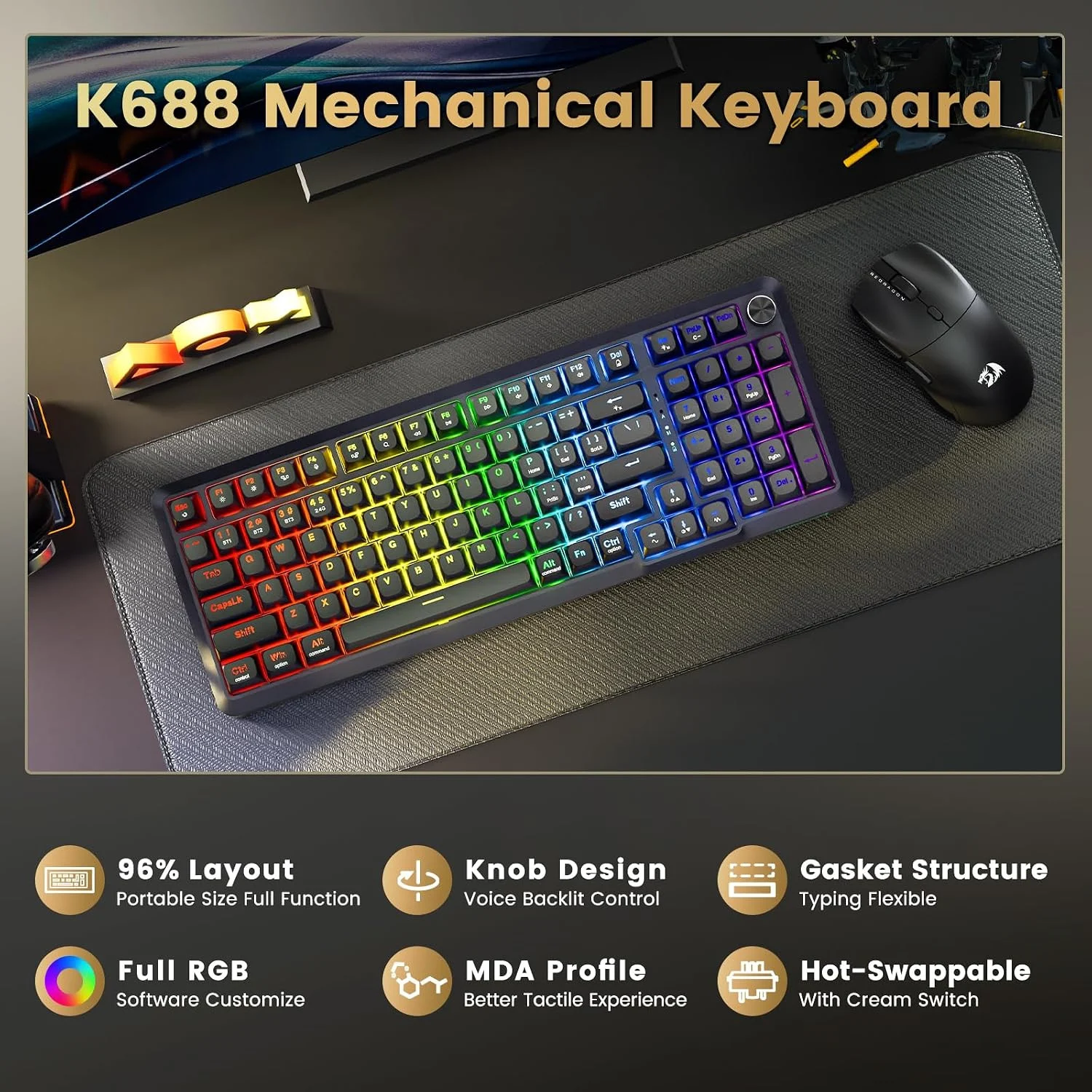 لوحة مفاتيح Redragon K688 Pro الميكانيكية: هيكل تثبيت الحشية وتصميم 96%، بسعر أقل من 50 دولارًا. 9 نظرة عامة على لوحة مفاتيح Redragon K688 Pro