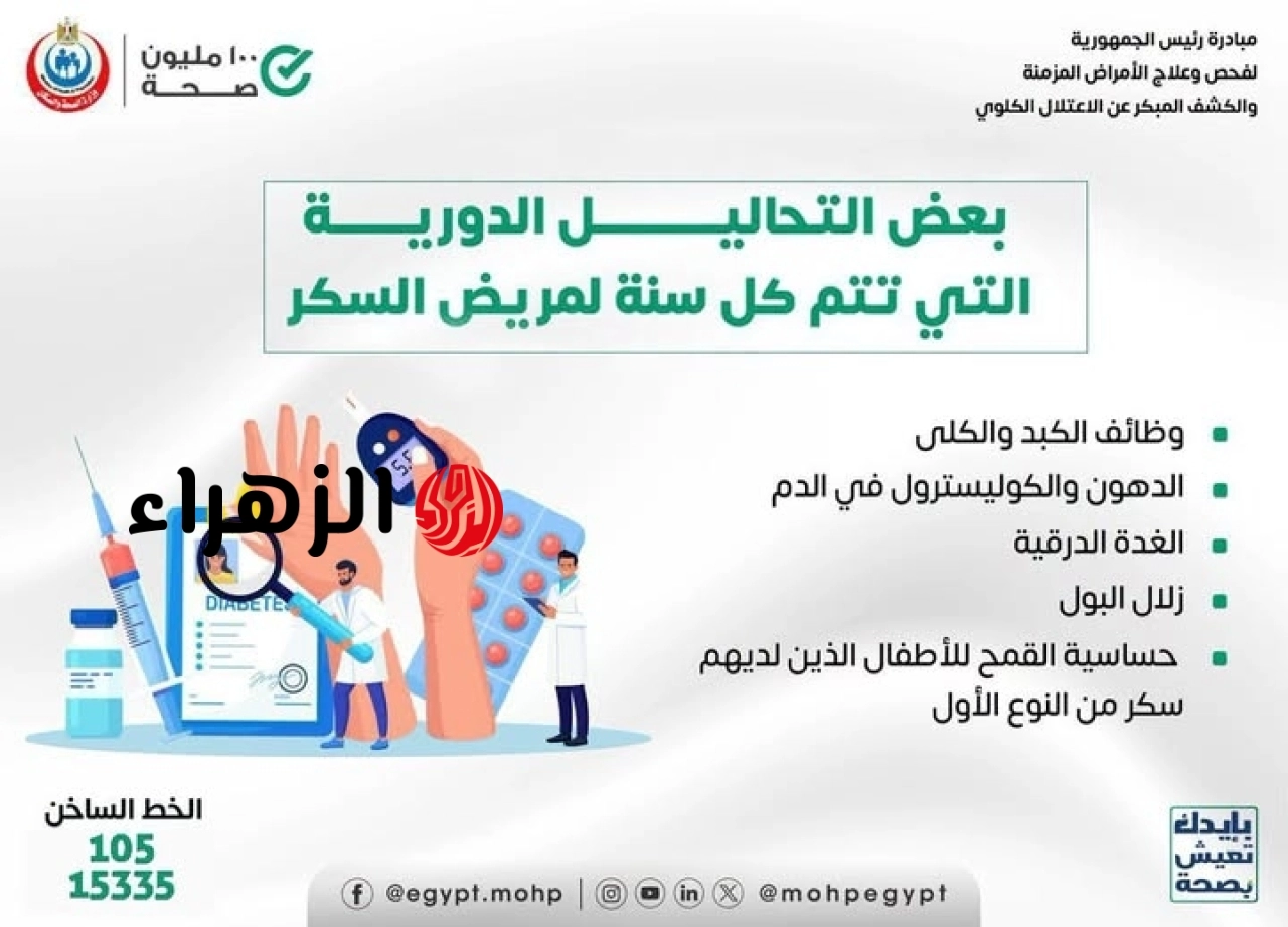 وزارة الصحة تحدد 5 انواع من التحاليل السنوية تنقذ مريض السكر من المضاعفات الخطيرة