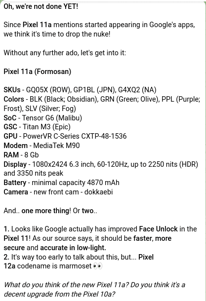 تم الكشف عن هاتف جوجل بكسل 11a: شريحة Tensor G6 القوية واختراق في مودم MediaTek. 6 المواصفات المسربة لهاتف جوجل بكسل 11a